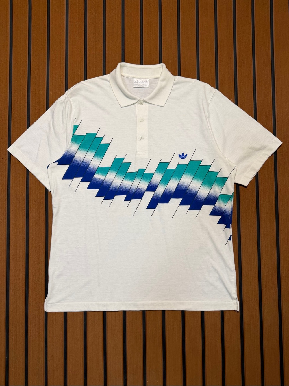 Vintage Adidas Gradient Fade Short Sleeve Polo Shirt Mens Large White Blue 80s